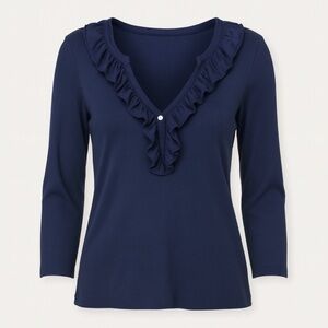 Lauren Ralph Lauren Navy Blue Ruffle V-Neck Top Women's 3/4 Sleeve/size LP